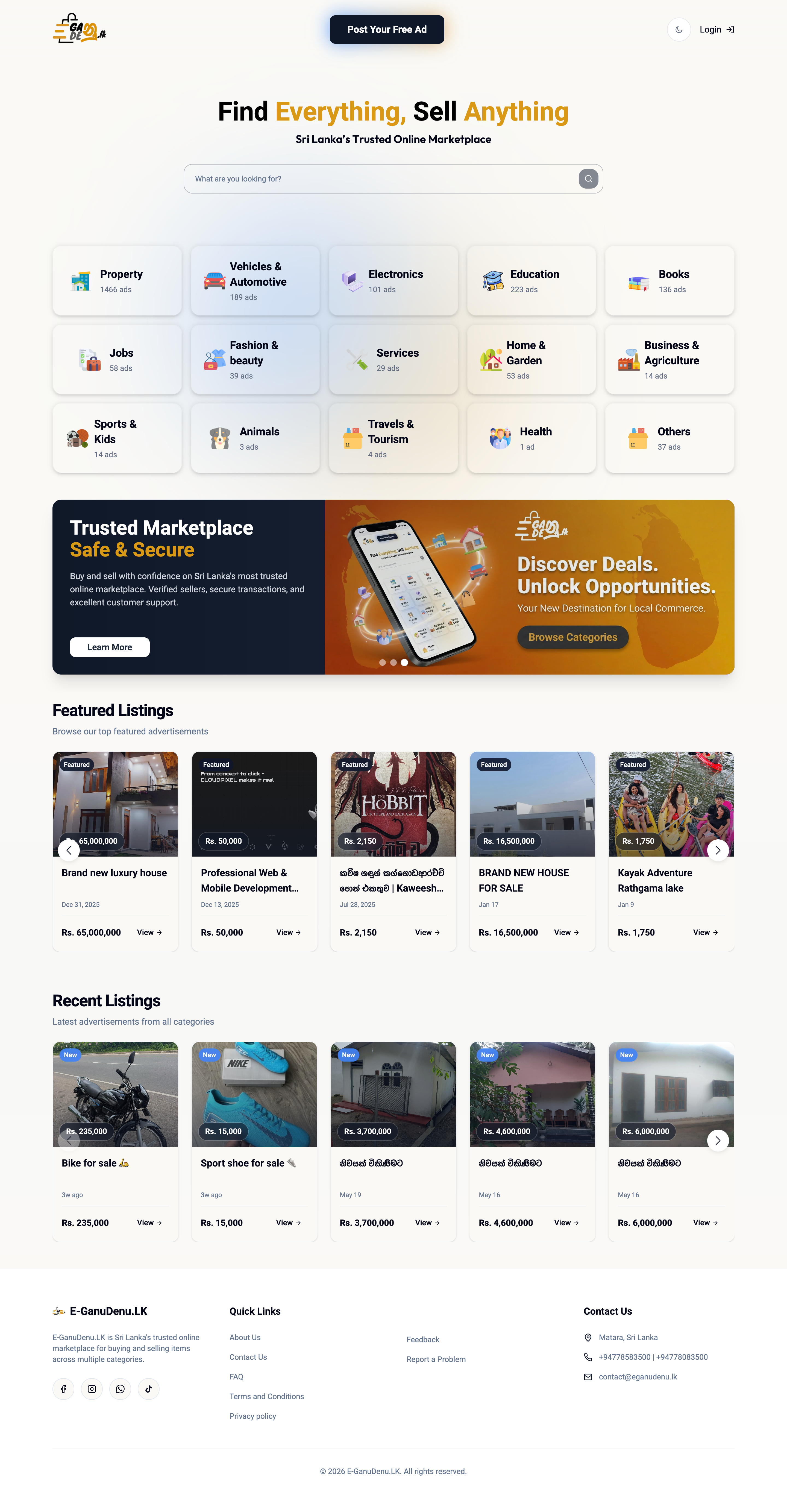 E-GanuDenu.LK homepage with category grid and search bar